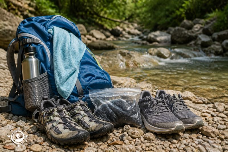 Backpack and river crossing gear beside a river with a second pair of shoes