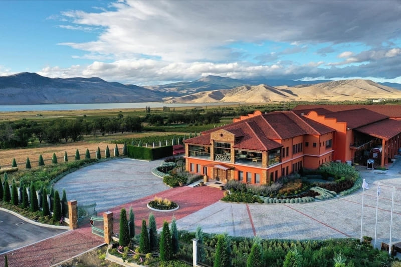 Panoramic view of Alpha Estate in Amyntaio, one of Greece’s leading wineries, overlooking the vineyards and Lake Vegoritida.