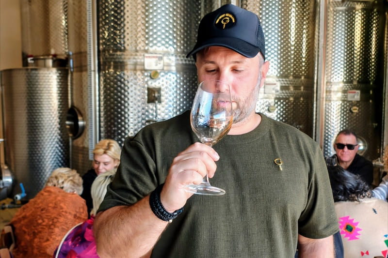 Professional wine tasting with Tasos Konstantinidis, Genius Wine Professional – Sommelier, as part of an organised wine tourism experience.
