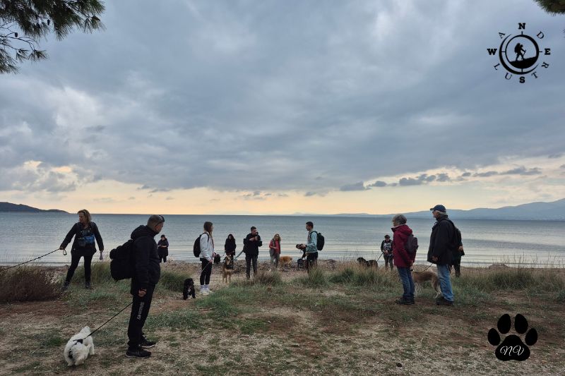 Ομάδα trekking with your dog σε παραθαλάσσιο μονοπάτι στο Σχινιά