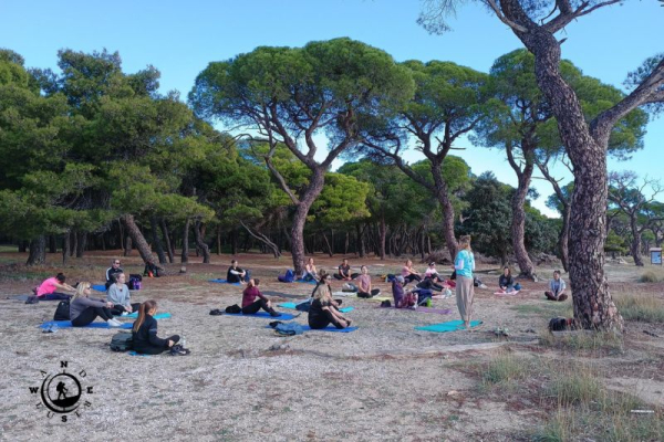 Συμμετέχοντες κάνουν καθιστές στάσεις yoga πάνω σε στρωματάκια, με την εκπαιδεύτρια όρθια ανάμεσα στα πεύκα του Σχινιά